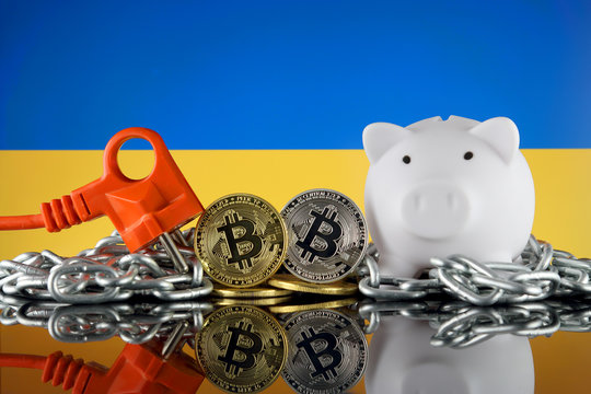 Bitcoin (BTC), Blockchain Technology, energy concept and Ukraine Flag. Electricity prices, energy saving in the cryptocurrency mining business. - Powered by Adobe
