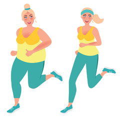 Girl Jogging in a big weight and slim. Weight loss with running and fitness. Vector illustration of healthy lifestyle