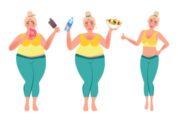 Girl eat healthy food and lose weight. Full girl before weight loss and after. Vector illustration of healthy lifestyle