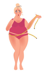 The fat woman is shocked by the thick waist. Vector illustration of obesity