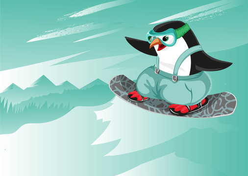 Snowboard Cartoon Vector Character Penguin Sport Character