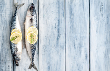 Fresh, raw mackerel with spices, tomatoes, rosemary on a wood background