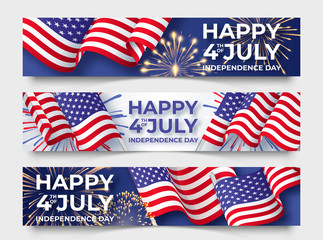 USA Independence day. Three horizontal banners with USA flags. 4th of July poster templates - obrazy, fototapety, plakaty