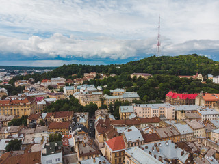 aerial view high castle in lviv city. copy space