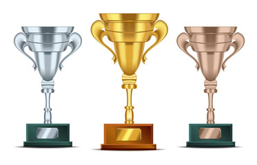 Realistic Golden, silver and bronze Trophy with text plate for champions. Sport winners cup. Vector Illustration