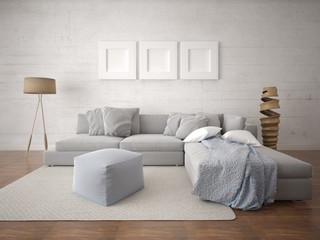 Mock up a spacious living room with a large corner sofa and a bright hipster backdrop.