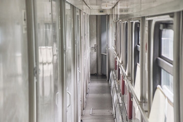 Empty corridor in the train car. Close up