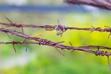 barbed wire to guard against penetration. Closed area or prison