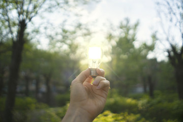 first person view of person hold light bulb outside at the nature, enegry concept with a sunshine through its