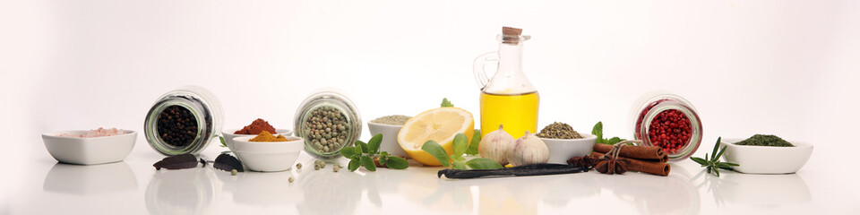 Spices and herbs on table. Food and cuisine ingredients with basil