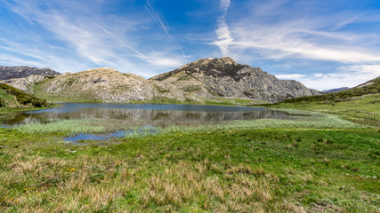 View of Isoba Lake in the Cantabrica mountain range in Leon, Spain, during spring.