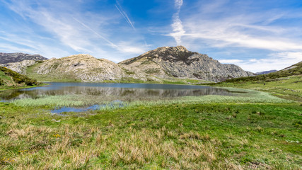 Fototapeta premium View of Isoba Lake in the Cantabrica mountain range in Leon, Spain, during spring.
