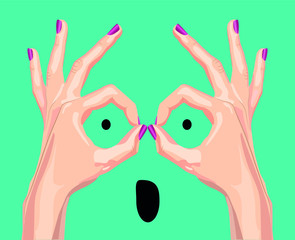 two hands create a surprised face on the background