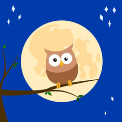 Funny Owl on a branch. An image of an owl with the moon on the background for your projects. EPS 10 Vector.
