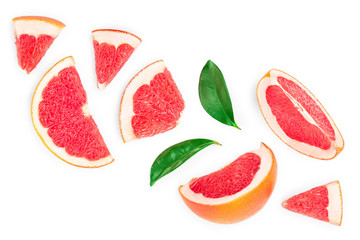 Grapefruit and slices with leaves isolated on white background. Top view. Flat lay pattern