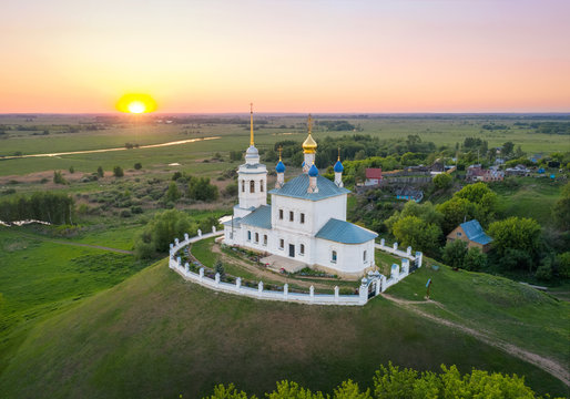 Yepifan, Tula oblast, Russia. Aerial view of Church of the Assumption located on the mound which is the burial place of warriors killed in the Battle of Kulikovo (8 September 1380)