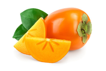 Persimmon fruit with leaves isolated on white background close-up