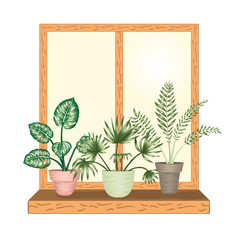 Window with tropical houseplants in pots. Sunny weather view. Watercolor style.