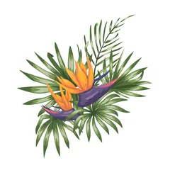 Fotobehang Strelitzia Vector tropische samenstelling van strelitzia bloemen, monstera en palmbladeren geïsoleerd op een witte achtergrond. Heldere realistische aquarel stijl exotische ontwerpelementen.