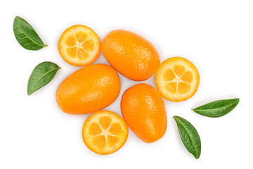 Cumquat or kumquat with half isolated on white background. Top view. Flat lay