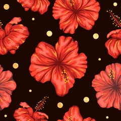  Vector naadloze patroon van rode hibiscus bloemen met gouden folie confetti op zwarte achtergrond. Herhaal tropische achtergrond. Exotisch junglebehang. © Lexi Claus