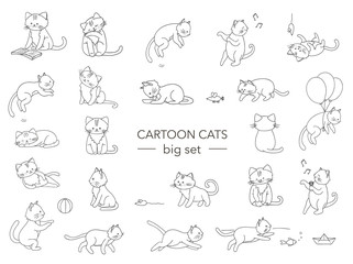 Vector set of cute cartoon style cat in different poses. Animal character illustration for children. Hand drawn line drawings of funny kitten. Big collection of pets for kids, coloring, animation.