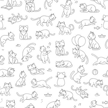 Vector seamless pattern of cute cartoon style cat in different poses. Animal character illustration for children. Hand drawn line drawings of funny kitten. Repeat background with pets for kids.