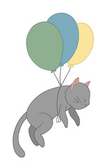 Vector illustration of a cat flying on colored balloons. Cute kitten clip art. Cartoon style picture for children.