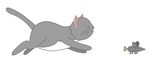 Vector illustration of a cat hunting a mouse. Cute kitten clip art. Cartoon style picture for children.