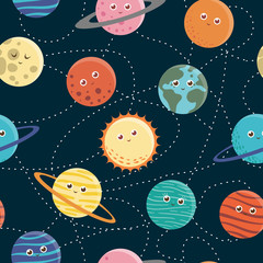 Vector seamless pattern of planets for children. Bright and cute flat illustration of smiling earth, sun, moon, venus, mars, Jupiter, mercury, Saturn, neptun on dark blue background. © Lexi Claus