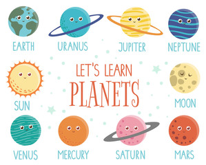 Vector set of planets for children. Bright and cute flat illustration of smiling earth, sun, moon, venus, mars, Jupiter, mercury, Saturn, neptun with names isolated on white background. © Lexi Claus