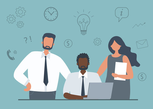 Team work. Group of office workers. Business concept with icons. Young black man is working on laptop. Other employees are standing near him. Funky flat style. Vector illustration.