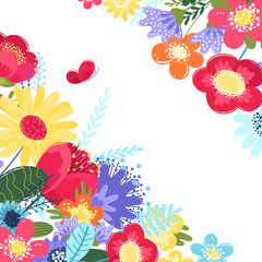 Summer background vector with flowers and a butterfly. Vector illustration with flowers in flat style isolated on white background.