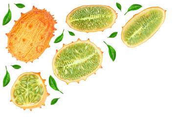 Kiwano or horned melon isolated on white background with copy space for your text. Top view. Flat lay.