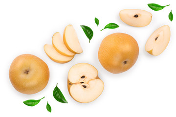 Fresh asian pear with leaves isolated on white background with copy space for your text. Top view. Flat lay.