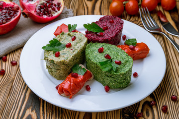 assorted pkhali Georgian cuisine on wooden background