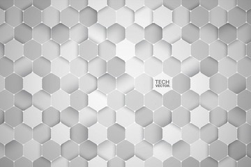 3D Science Technology Hexagonal Light Gray Vector Abstract Background. Three Dimensional Tech Hex Structure Wallpaper