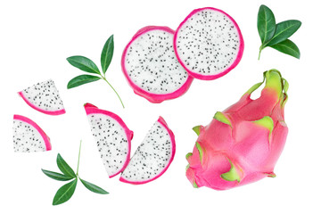 Dragon fruit, Pitaya or Pitahaya with leaf isolated on white background. Top view. Flat lay