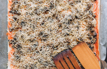 The process of cooking pizza with chicken and mushrooms, onions, cheese and tomato paste view close up. Stage of preparation before setting in the oven. Flat lay, top view, kitchen spatulas.