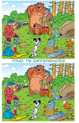 Obraz na płótnie Canvas On vector illustration puzzle with animals and photo hunters. Need to find 15 differences in the pictures