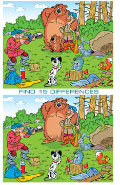 On vector illustration puzzle with animals and photo hunters. Need to find 15 differences in the pictures