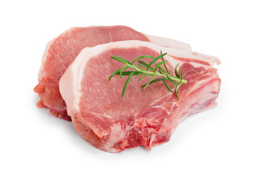 sliced raw pork meat with rosemary isolated on white background