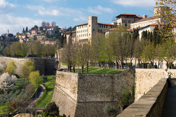 Obraz premium Detail of the ancient city walls of Bergamo the Upper town, these urban public places have been recently nominated Unesco heritage site