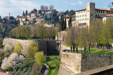 Detail of the ancient city walls of Bergamo the Upper town, these urban public places have been...