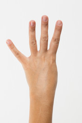 Close-up of a woman's hand and finger on white background