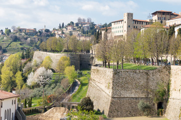 Fototapeta na wymiar Detail of the ancient city walls of Bergamo the Upper town, these urban public places have been recently nominated Unesco heritage site
