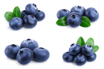 fresh blueberry with leaves isolated on white background closeup. Set or collection