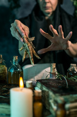 Dark Witch at work: black magic woman makes the witchery by mixing herbs, casting the spells, running magic rituals
