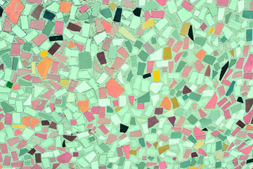 Closeup of trendy coloured mint, orange and pink abstract mosaic ceramic tiles patterned background