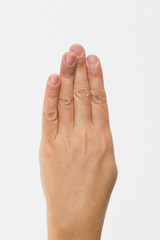 Close-up of a woman's hand and finger on white background